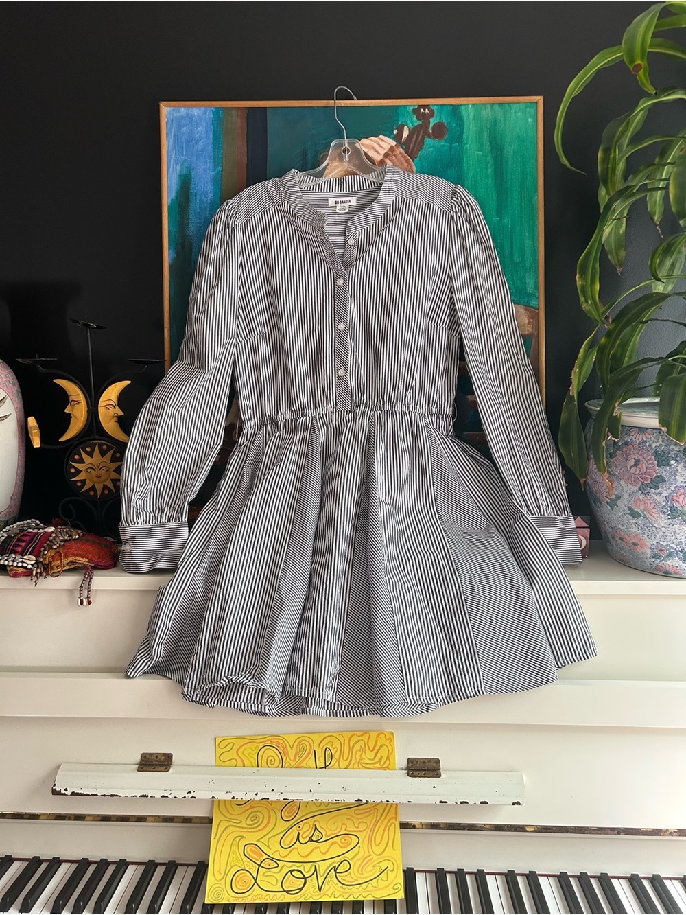 BB Dakota Large Black White Stripe Shirt Dress Fit Flare Long Sleeve Preppy